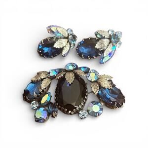 Vintage Regency Rhinestone Brooch and Clip-on Earring Set, Sapphire Blue AB